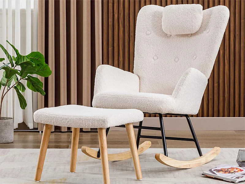 Fauteuil à bascule - chaise de relaxation pour salon - rembourrée de peluche Teddy - avec appui-tête et repose-pieds - base en bois - blanc