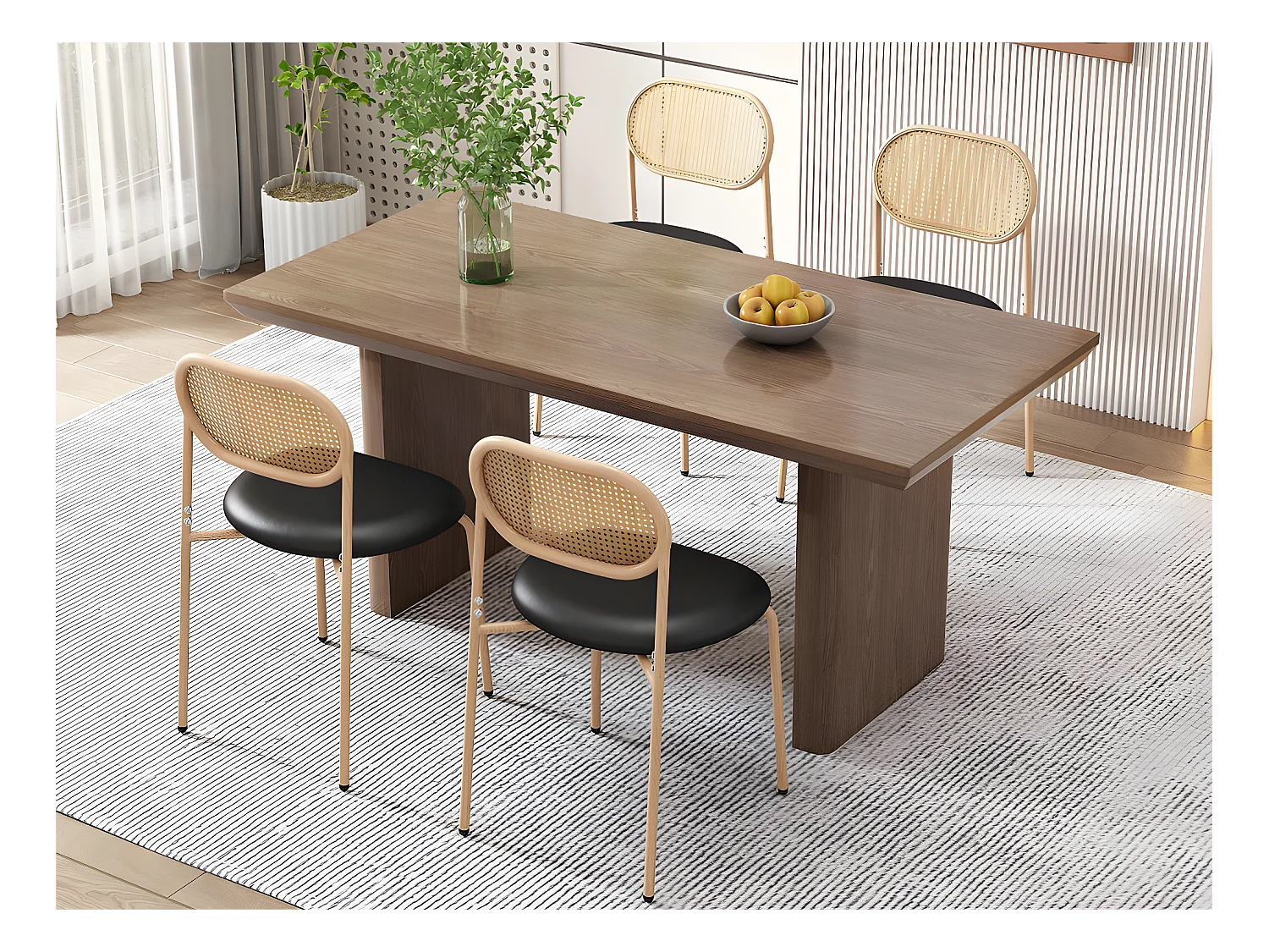 Lot de 4 Chaises en similicuir et rotin - pieds en métal - Noir