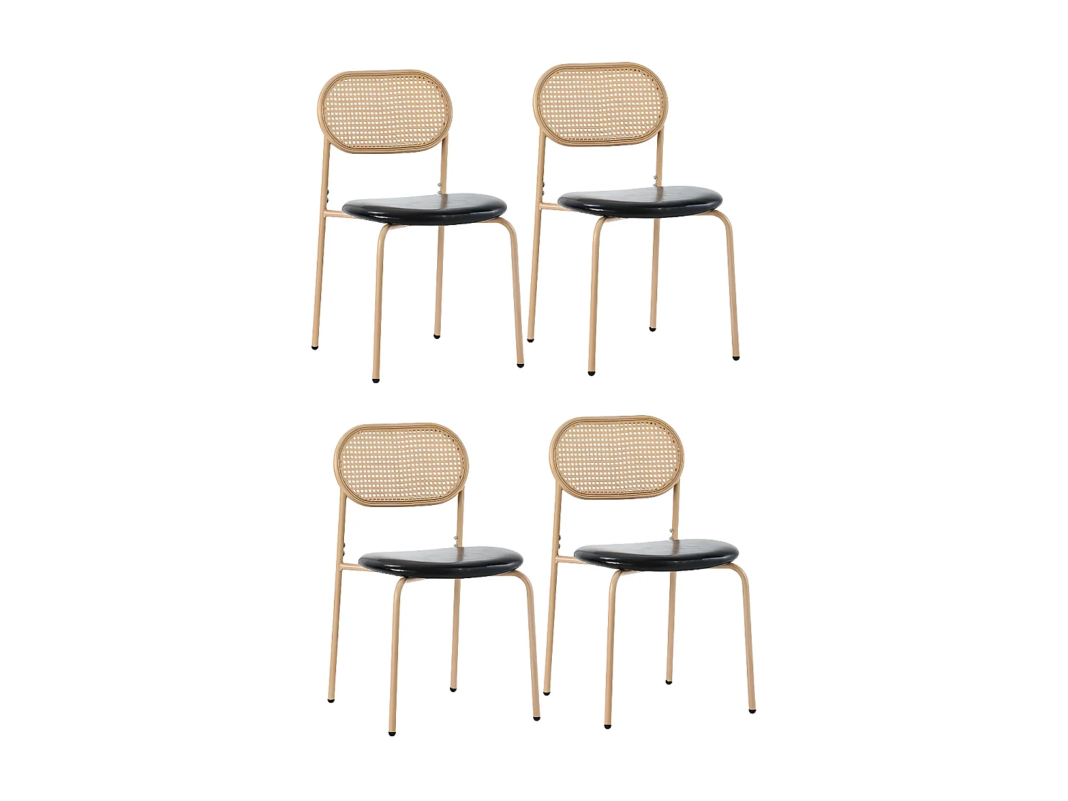 Set van 4 kunstleer en rotan stoelen - metalen poten - Zwart