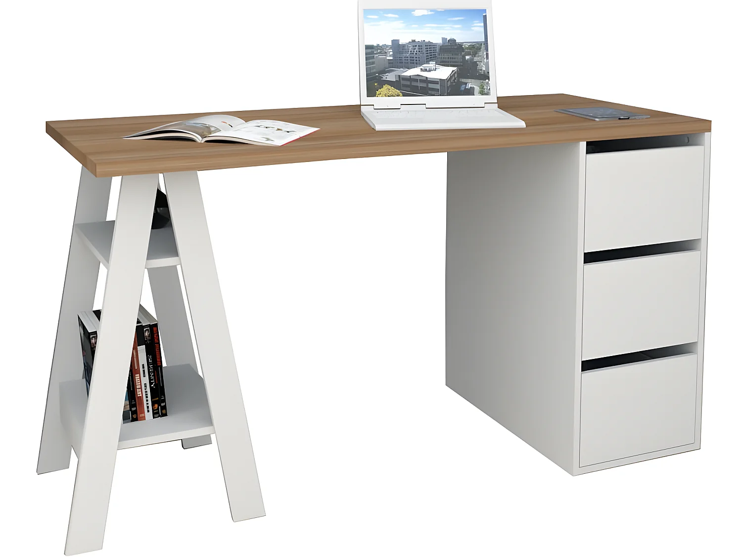 Bureau Tréteau 3 Tiroirs Blanc et Châtaignier L 135 H 75 P 60 cm