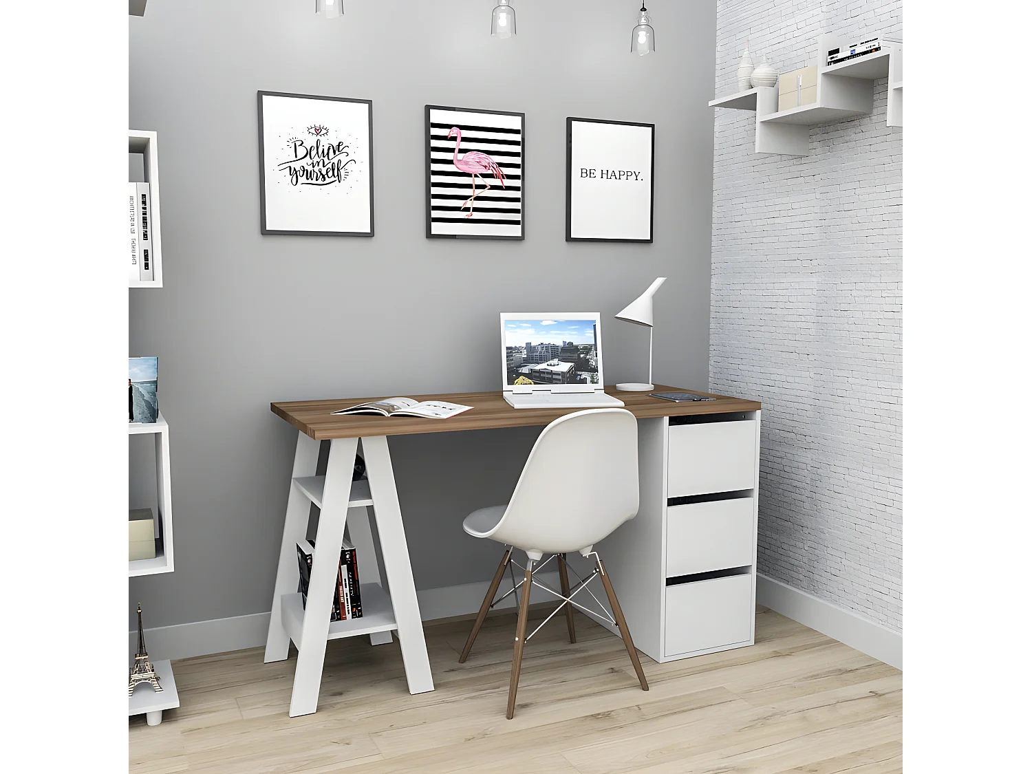 Bureau Tréteau 3 Tiroirs Blanc et Châtaignier L 135 H 75 P 60 cm