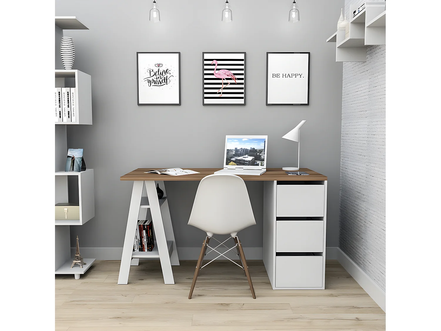 Bureau Tréteau 3 Tiroirs Blanc et Châtaignier L 135 H 75 P 60 cm