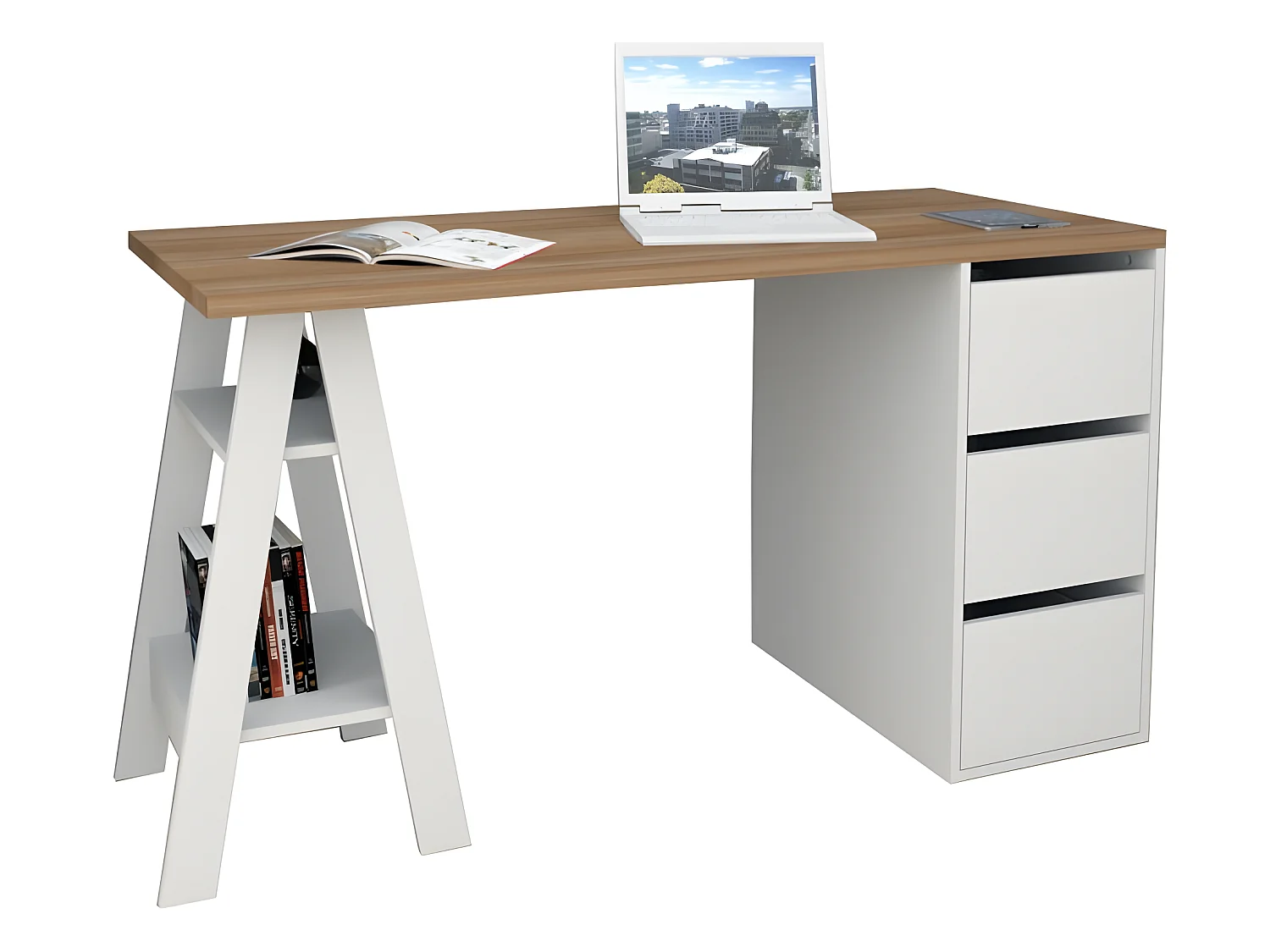 Bureau Tréteau 3 Tiroirs Blanc et Châtaignier L 135 H 75 P 60 cm