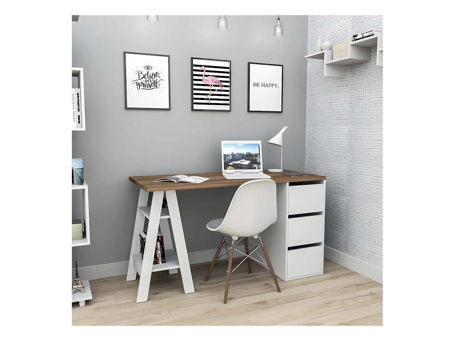 Bureau Tréteau 3 Tiroirs Blanc et Châtaignier L 135 H 75 P 60 cm