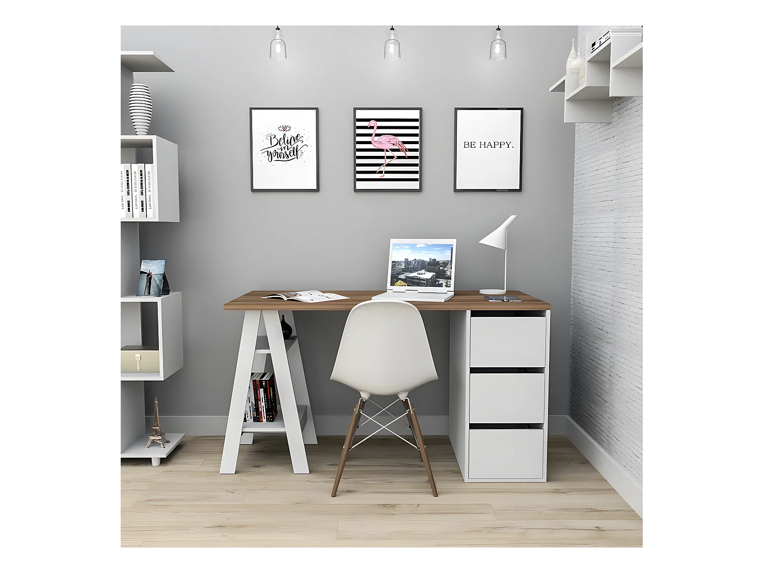 Bureau Tréteau 3 Tiroirs Blanc et Châtaignier L 135 H 75 P 60 cm