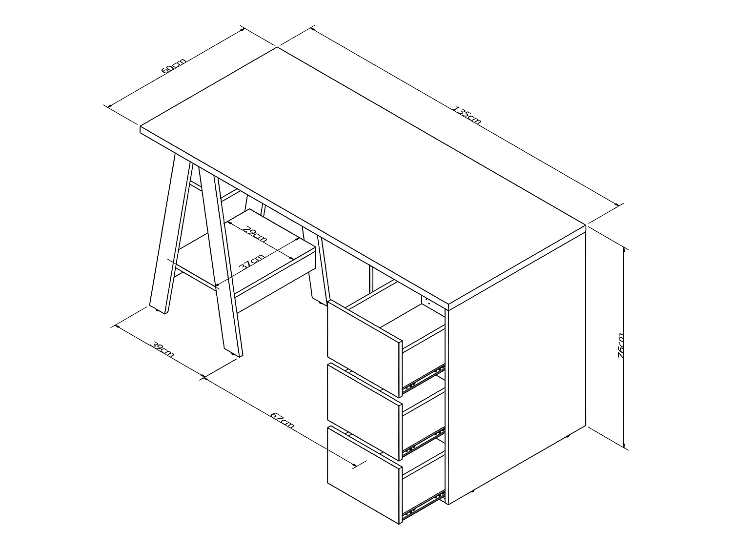 Bureau Tréteau 3 Tiroirs Blanc et Châtaignier L 135 H 75 P 60 cm