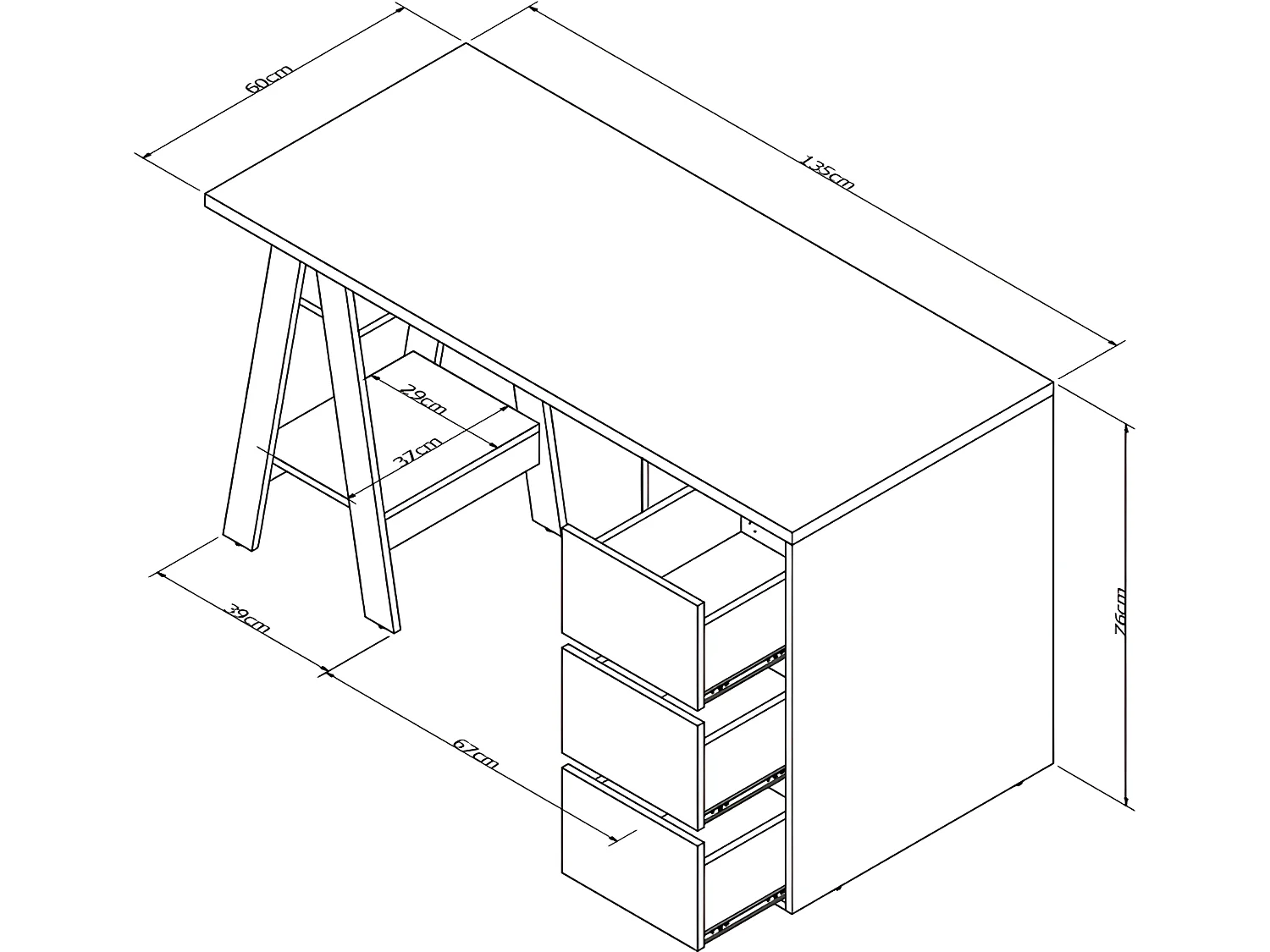 Bureau Tréteau 3 Tiroirs Blanc et Châtaignier L 135 H 75 P 60 cm