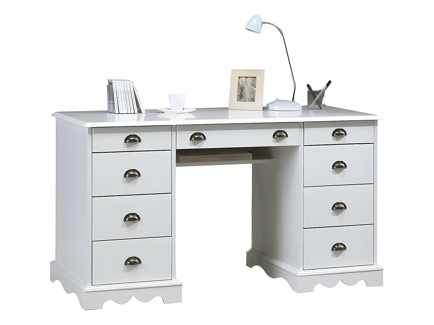 Grand Bureau Blanc 9 Tiroirs de Style Anglais