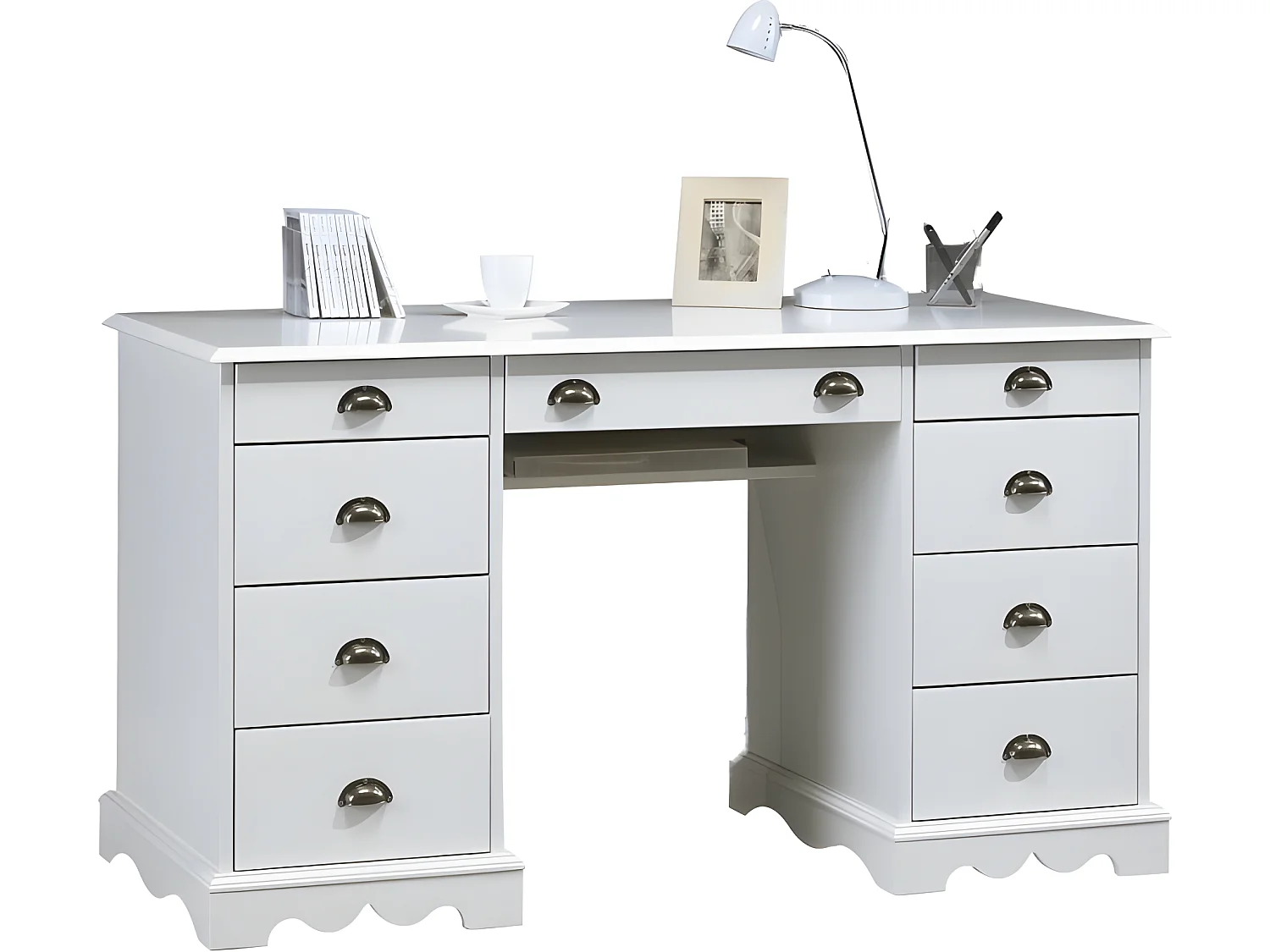 Grand Bureau Blanc 9 Tiroirs de Style Anglais