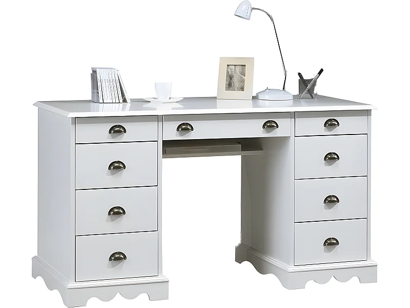 Grand Bureau Blanc 9 Tiroirs de Style Anglais