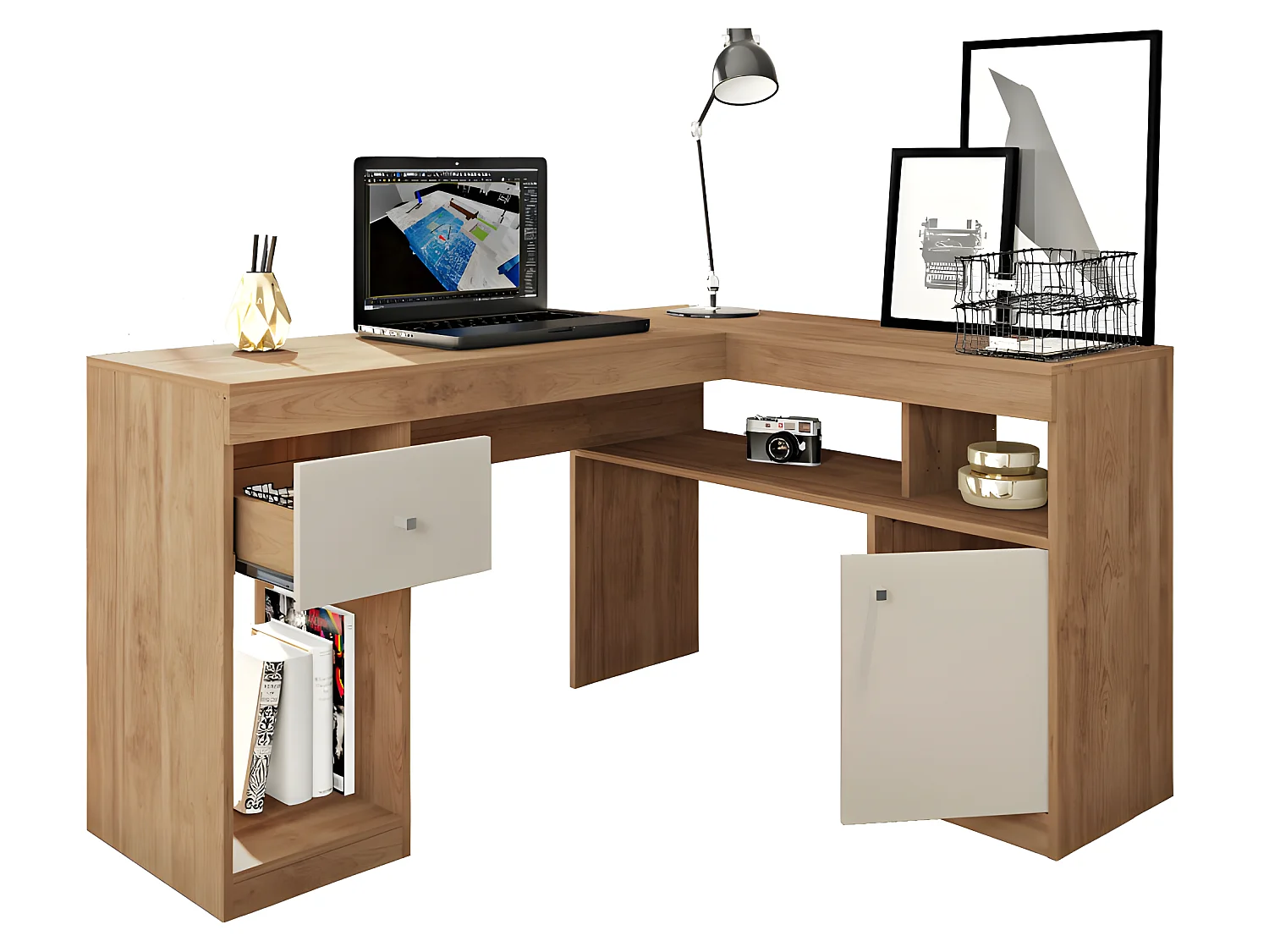 Bureau d'Angle Chêne et Blanc Caisson et Rangement L 137.2 H 75.5 P 111.6 cm
