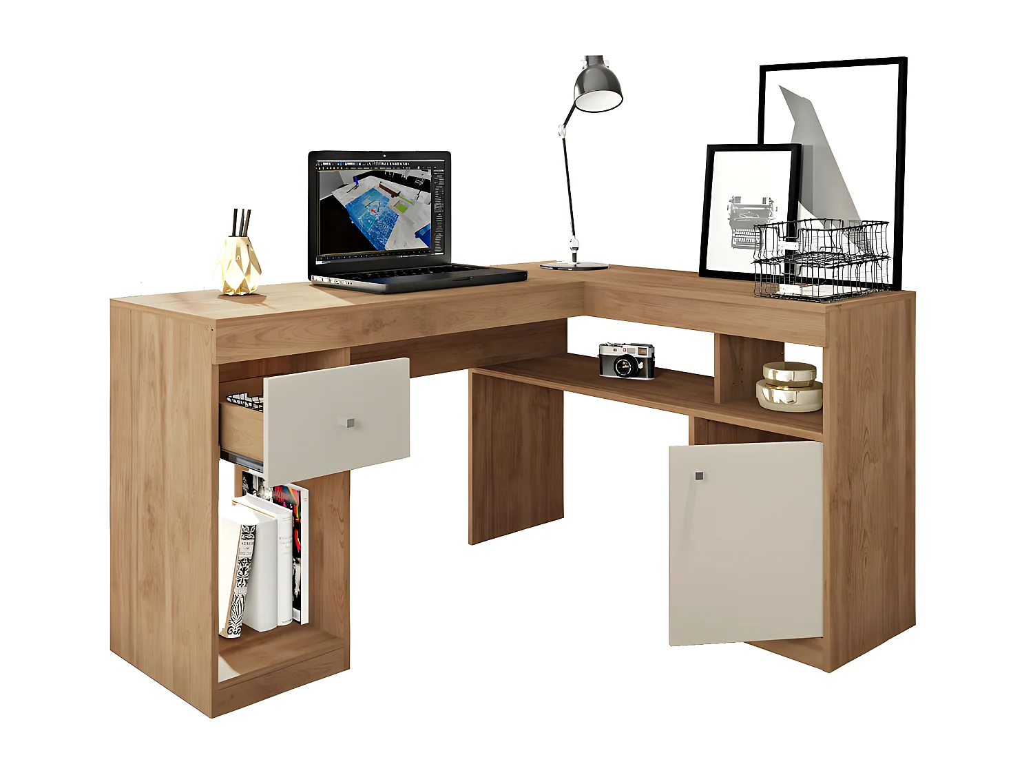 Bureau d'Angle Chêne et Blanc Caisson et Rangement L 137.2 H 75.5 P 111.6 cm
