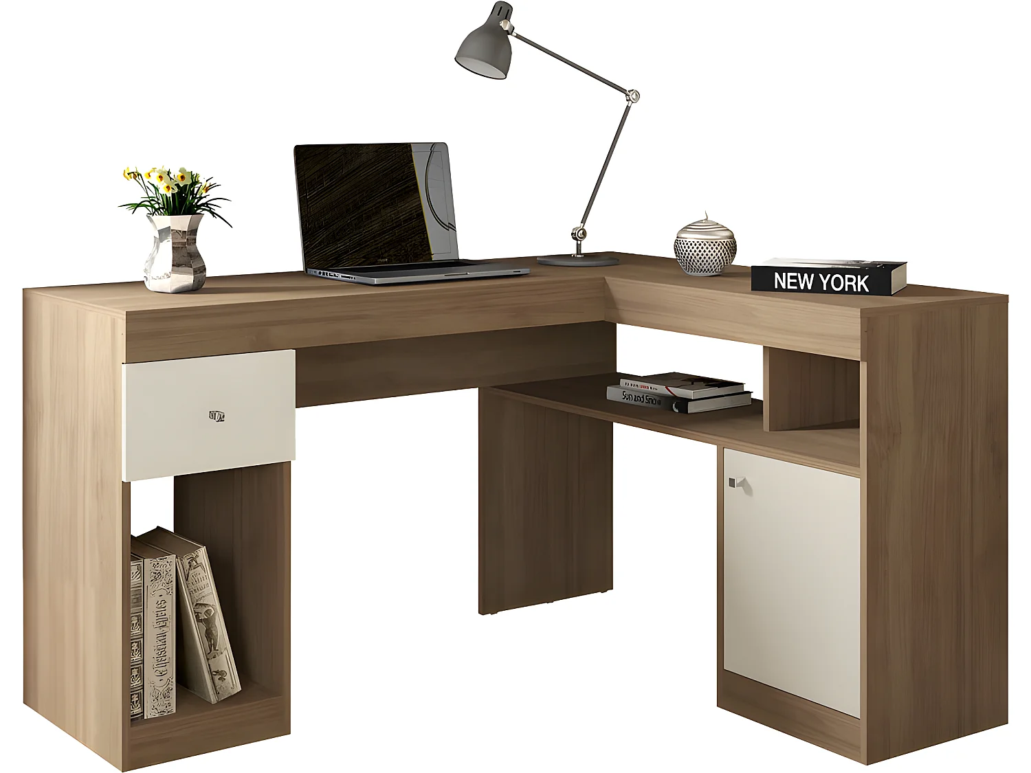 Bureau d'Angle Chêne et Blanc Caisson et Rangement L 137.2 H 75.5 P 111.6 cm