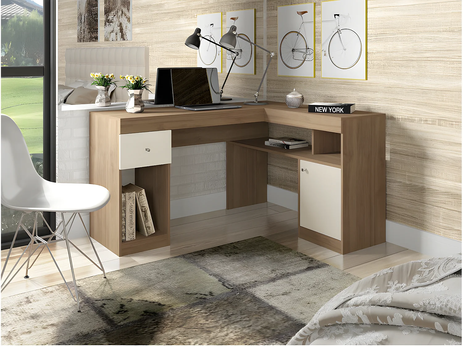 Bureau d'Angle Chêne et Blanc Caisson et Rangement L 137.2 H 75.5 P 111.6 cm