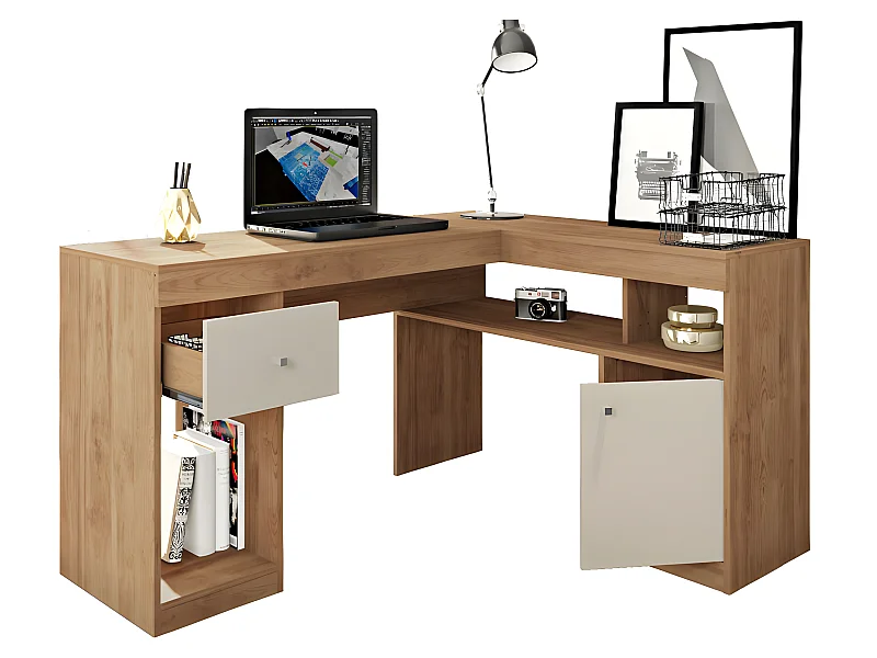 Bureau d'Angle Chêne et Blanc Caisson et Rangement L 137.2 H 75.5 P 111.6 cm