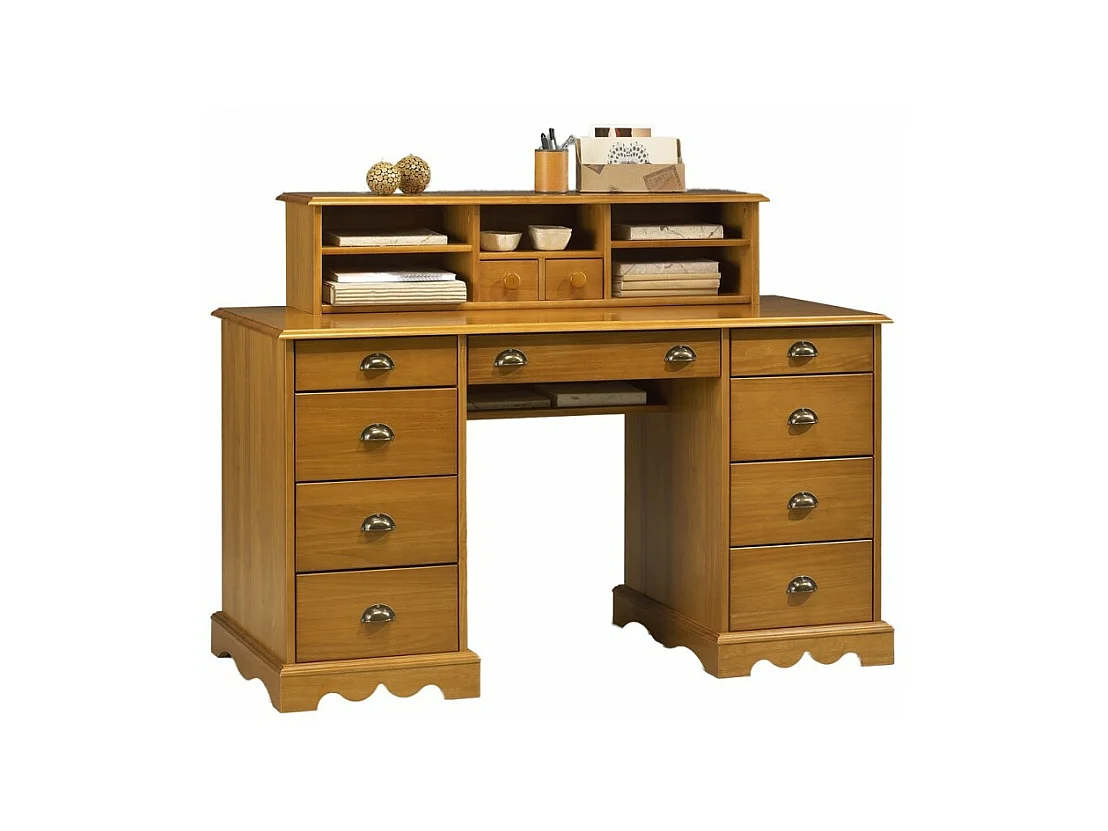 Bureau Ministre Pin Miel Style Anglais 11 Tiroirs 5 Niches L 137.5 H 99.7 P 58.3 cm