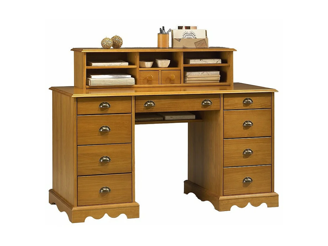 Bureau Ministre Pin Miel Style Anglais 11 Tiroirs 5 Niches L 137.5 H 99.7 P 58.3 cm