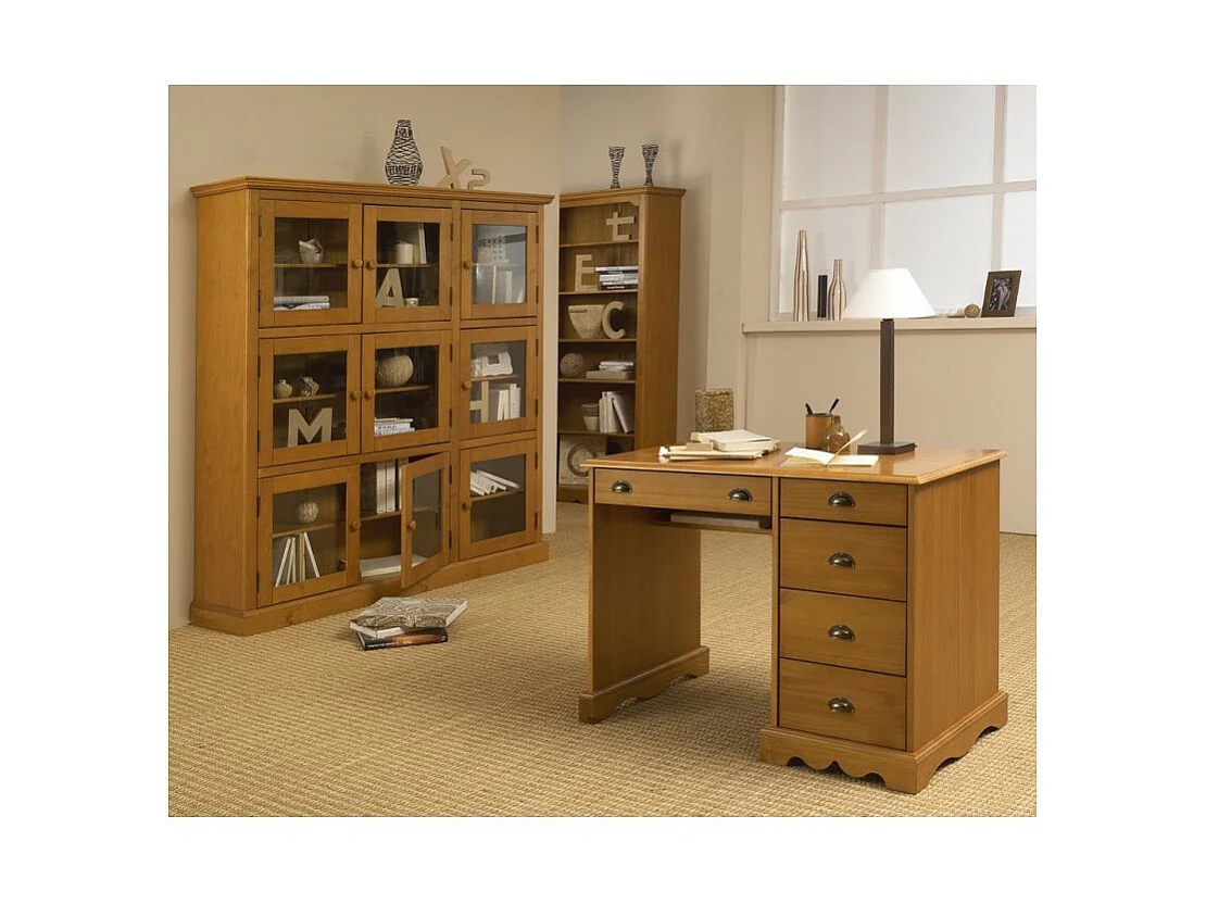 Bureau Ministre Pin Miel Style Anglais 11 Tiroirs 5 Niches L 137.5 H 99.7 P 58.3 cm