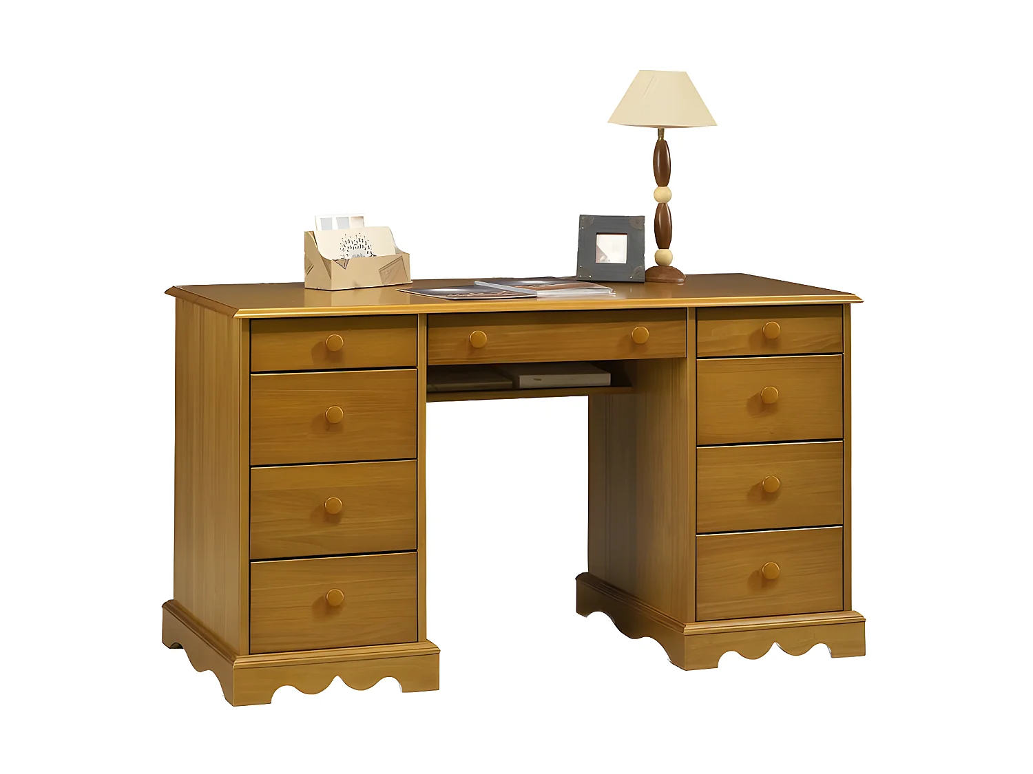 Bureau Ministre Pin Miel Style Anglais Charme 9 Tiroirs L 137.5 H 74.7 P 58.3 cm