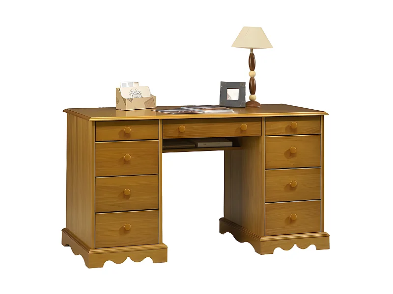 Bureau Ministre Pin Miel Style Anglais Charme 9 Tiroirs L 137.5 H 74.7 P 58.3 cm