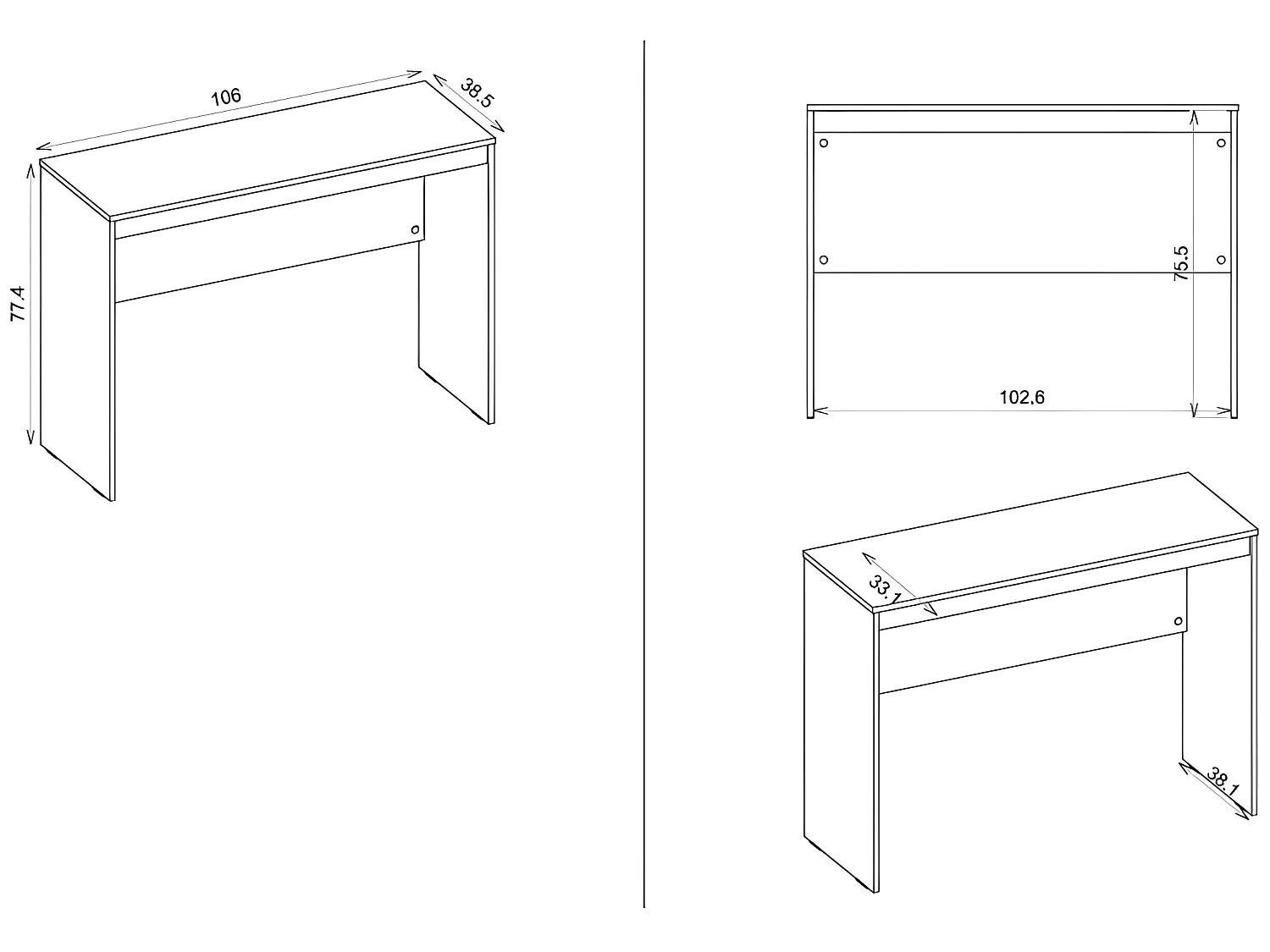 Bureau Noir Longueur 106 Hauteur 77.4 Profondeur 38.5 cm