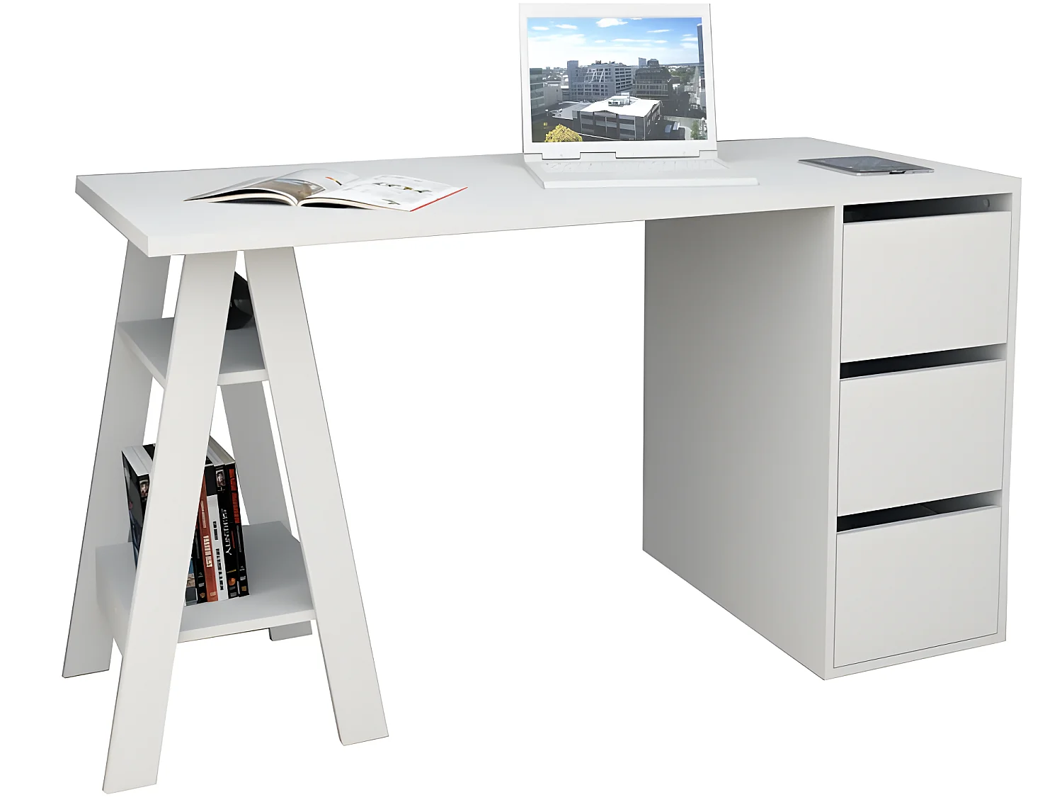 Bureau Tréteau 3 Tiroirs Blanc SELF