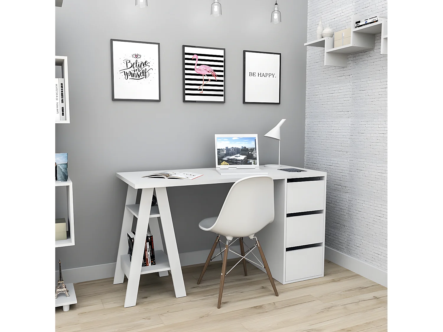 Bureau Tréteau 3 Tiroirs Blanc SELF