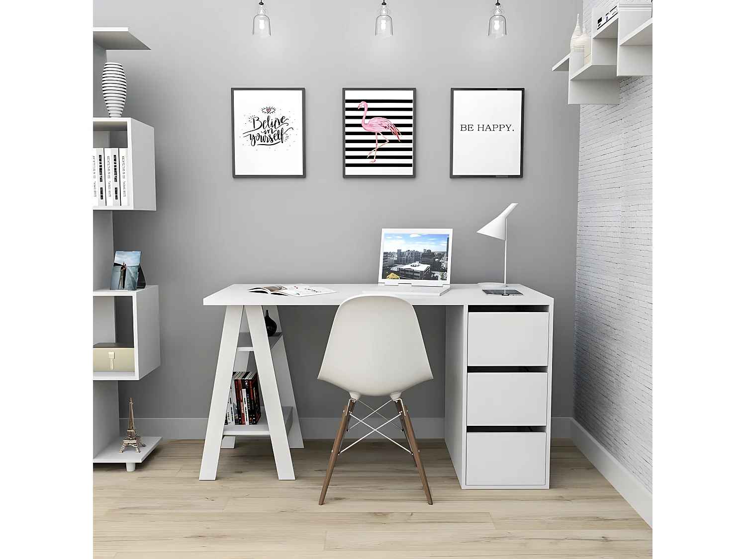 Bureau Tréteau 3 Tiroirs Blanc SELF