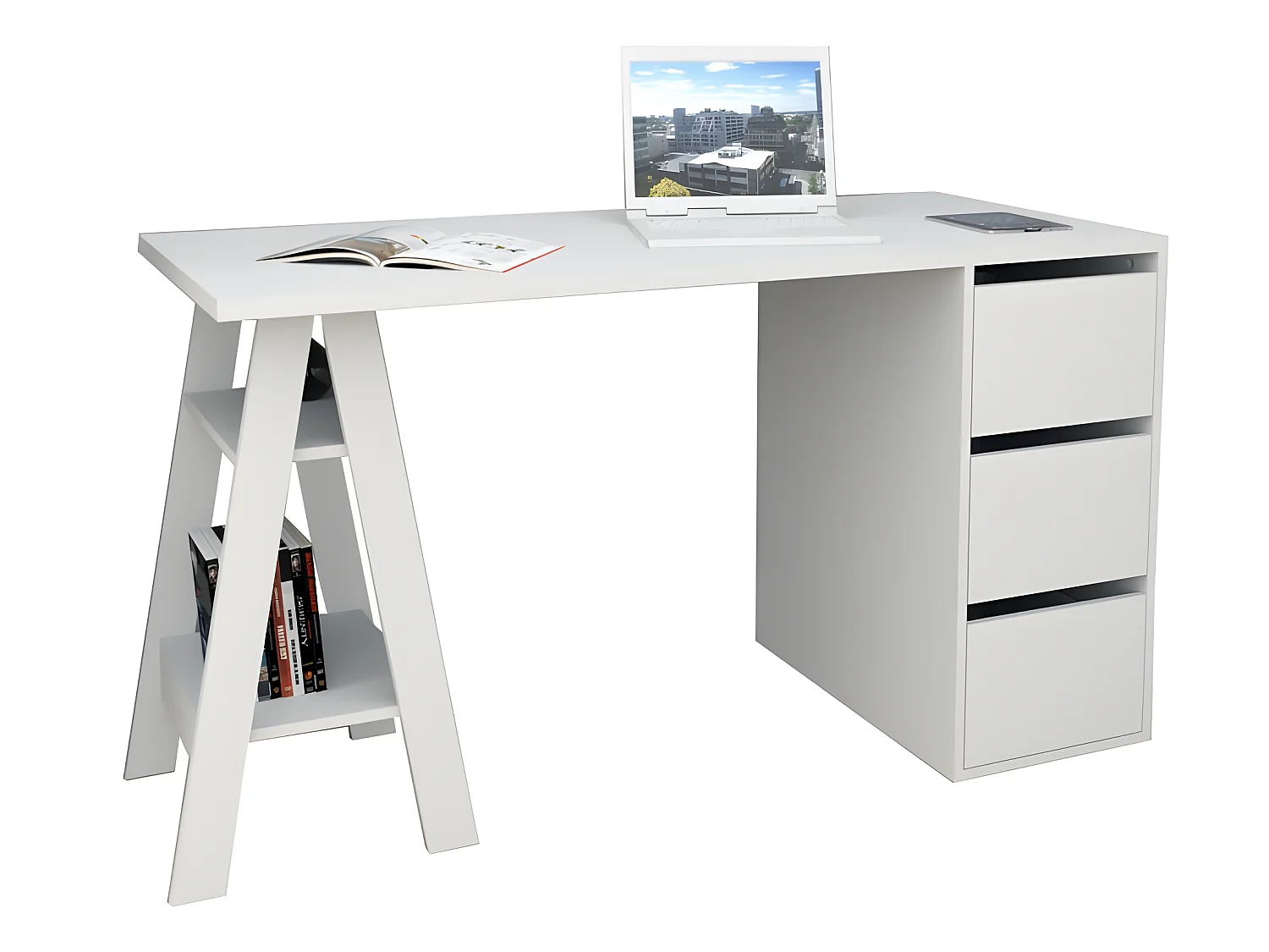 Bureau Tréteau 3 Tiroirs Blanc SELF