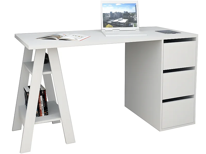 Bureau Tréteau 3 Tiroirs Blanc SELF