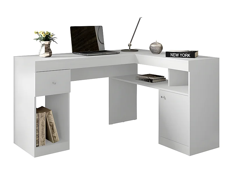 Bureau d'Angle Blanc avec Caisson et Rangements L 137.2 H 75.5 P 111.6 cm