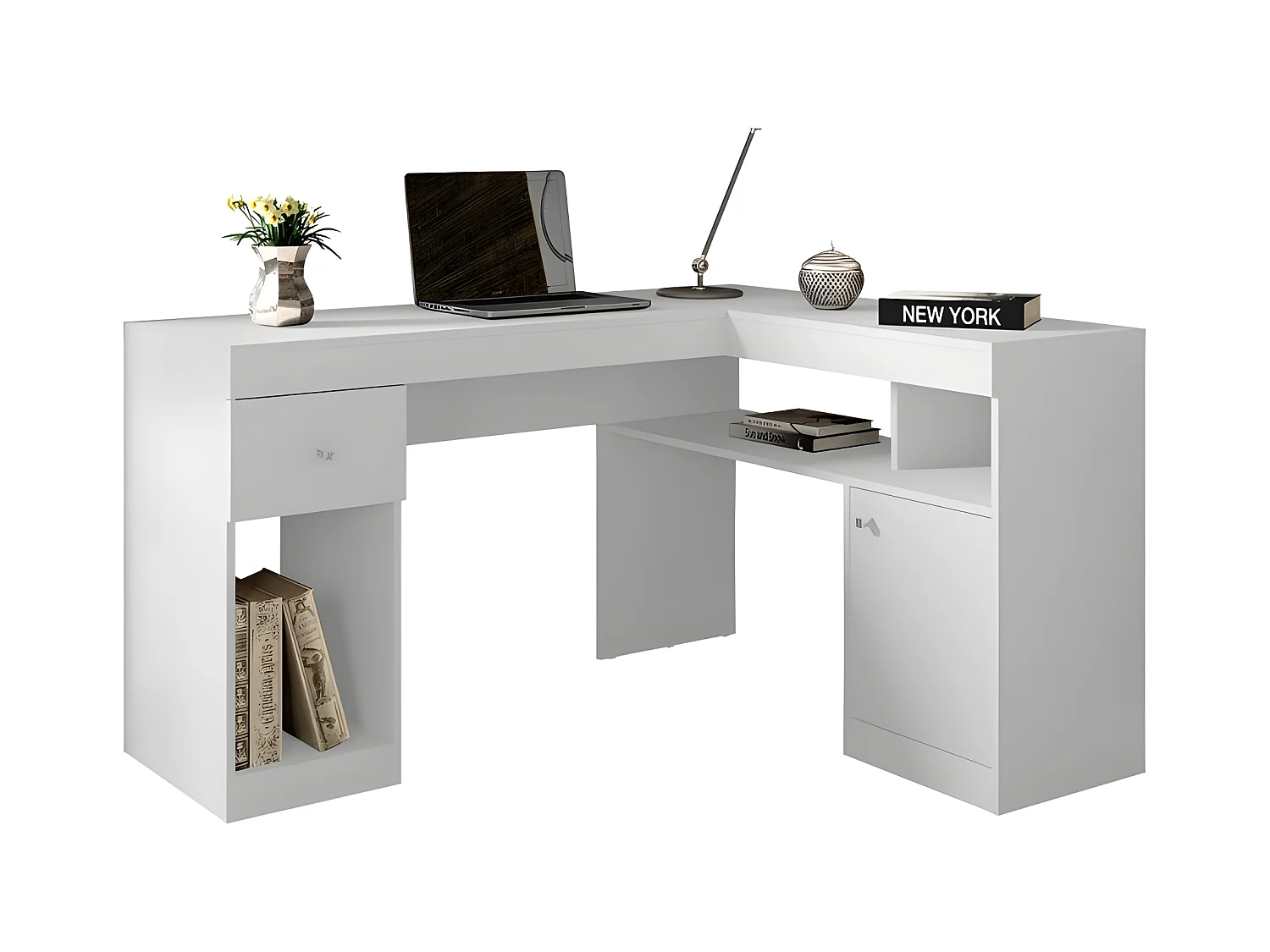 Bureau d'Angle Blanc avec Caisson et Rangements L 137.2 H 75.5 P 111.6 cm