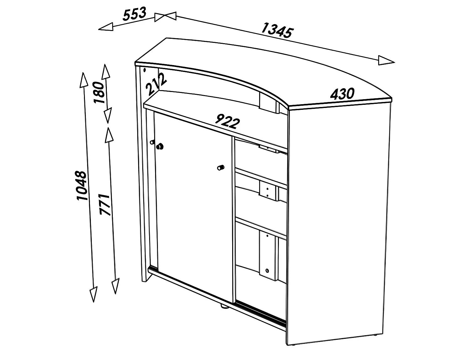 Comptoir Acceuil 2 Portes Serrure Face Noire 4 Niches L 134,5 H 104,8 P 55,3 cm - Coloris: Blanc