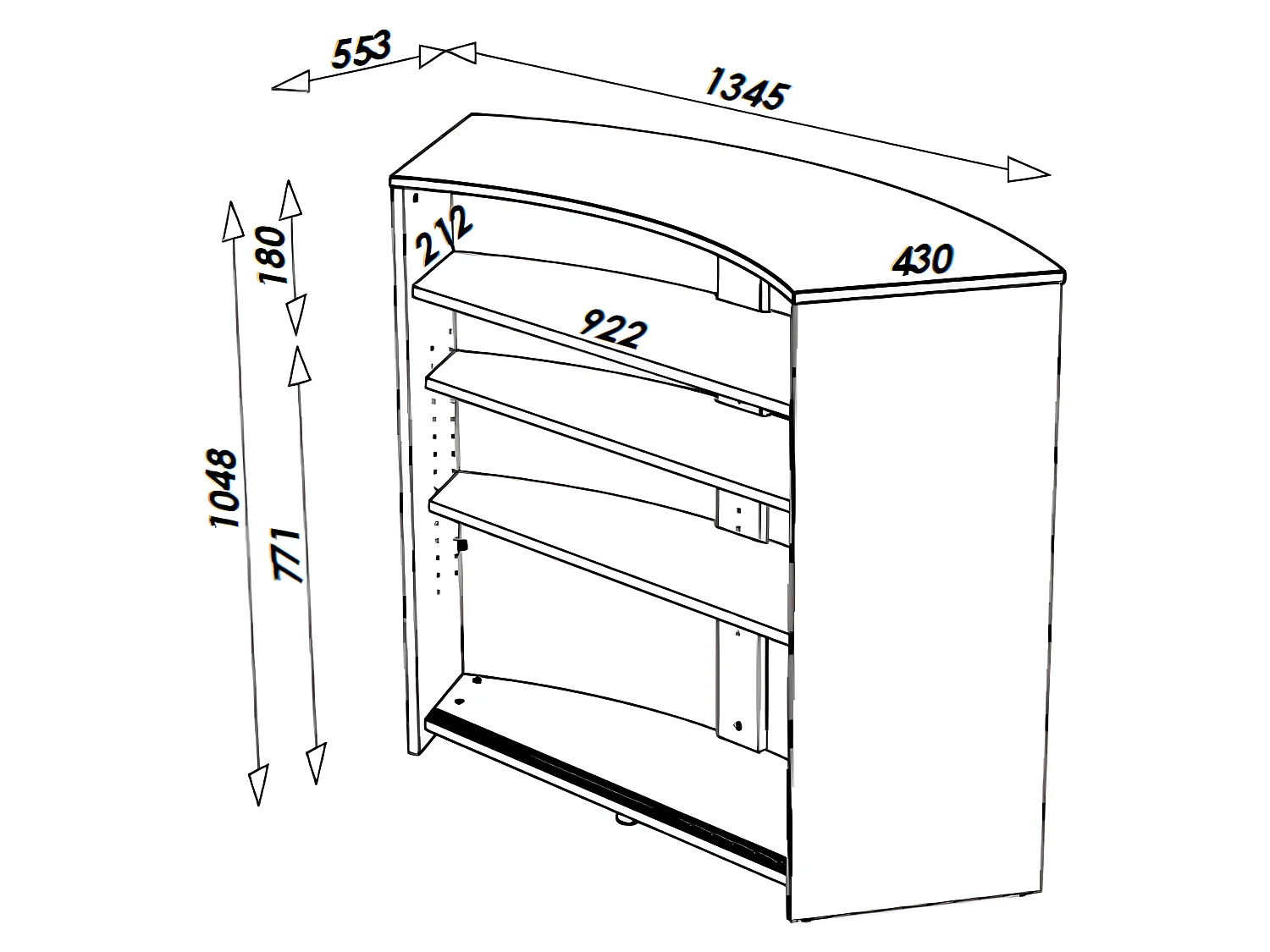 Meuble Bar Comptoir d'Accueil Noir 3 Tablettes 134,5 x 104,8 x 55,3 cm - Coloris: Rock 451