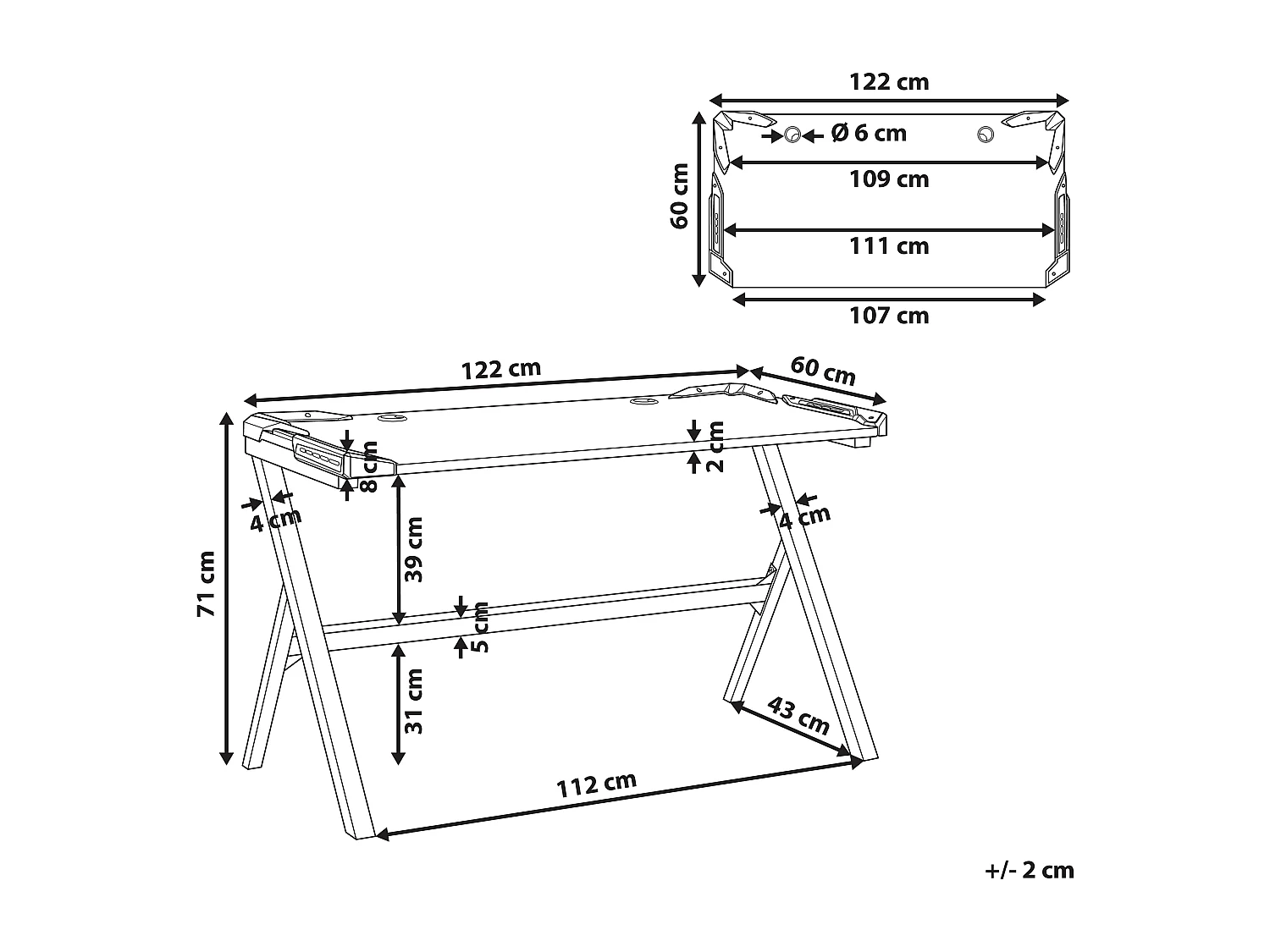 Game bureau DANVERS Zwart 120 cm 60 cm RGB LED