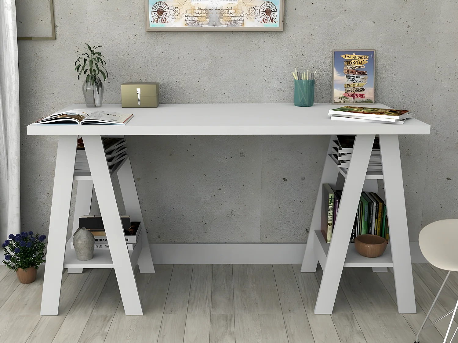 Bureau 2 Tréteaux Blanc 4 Etagères