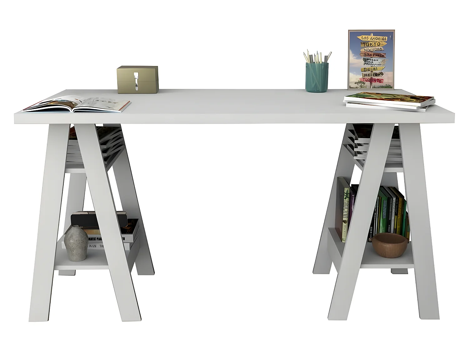 Bureau 2 Tréteaux Blanc 4 Etagères