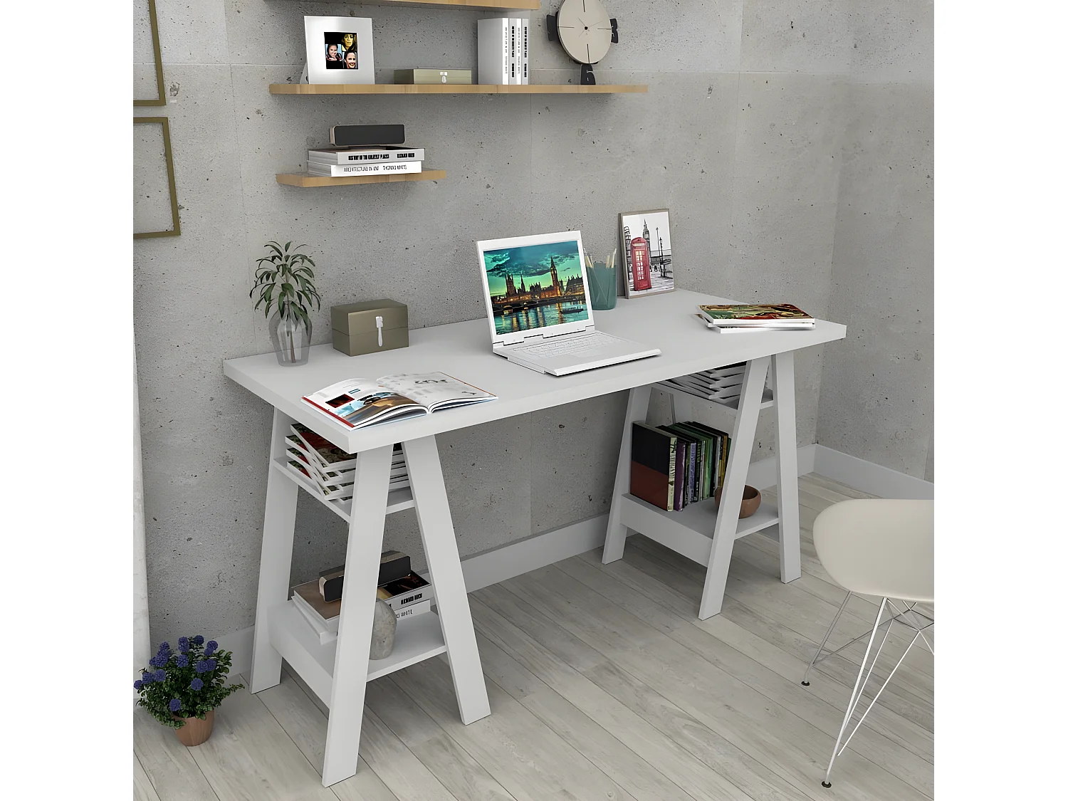 Bureau 2 Tréteaux Blanc 4 Etagères