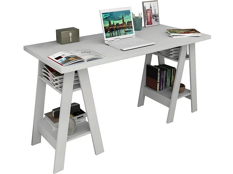 Bureau 2 Tréteaux Blanc 4 Etagères