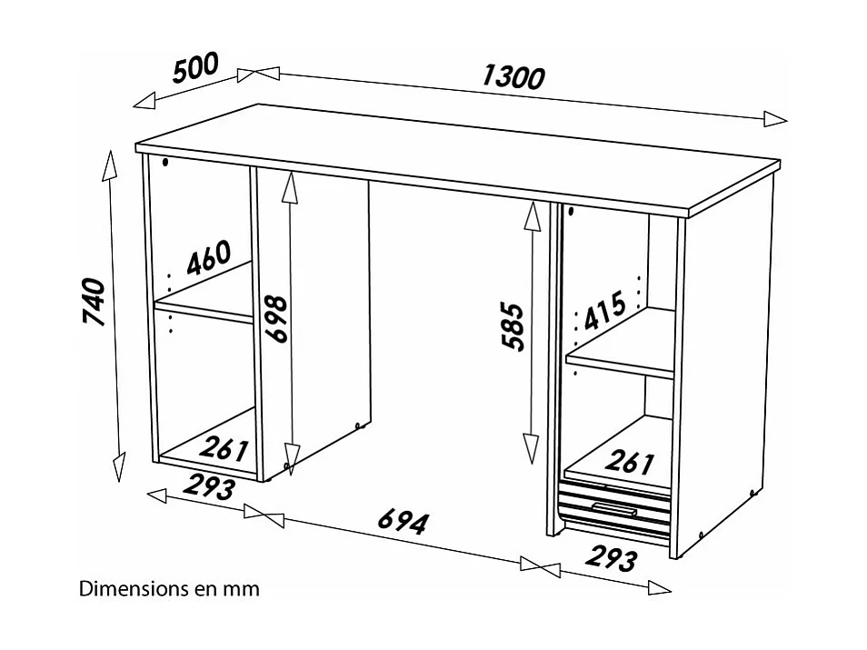 Bureau Chêne et Noir 2 Caissons 4 Niches 130 x 74 x 50 cm