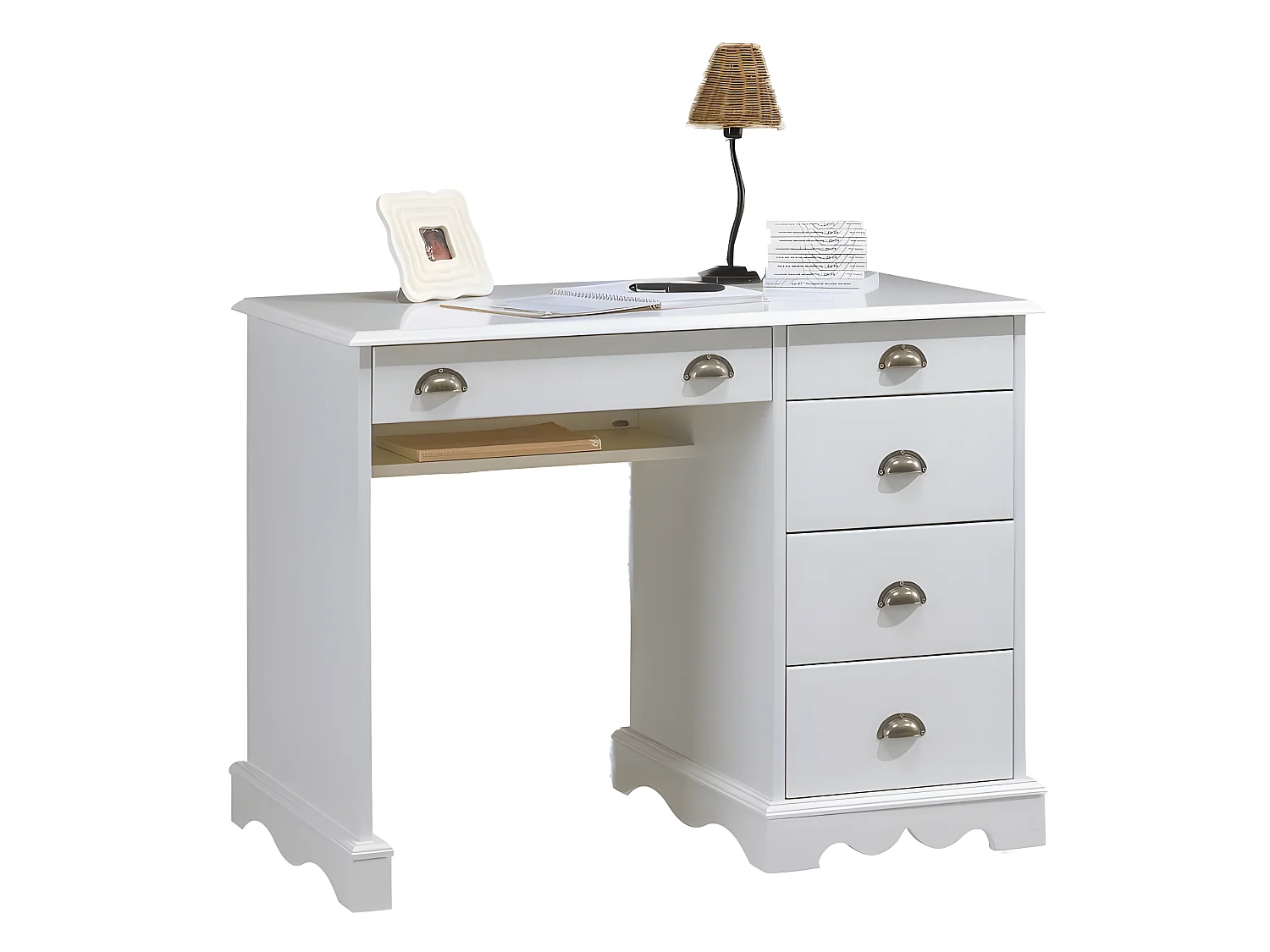 Bureau 5 Tiroirs Blanc Style Anglais L 100 H 74.7 P 58.3 cm