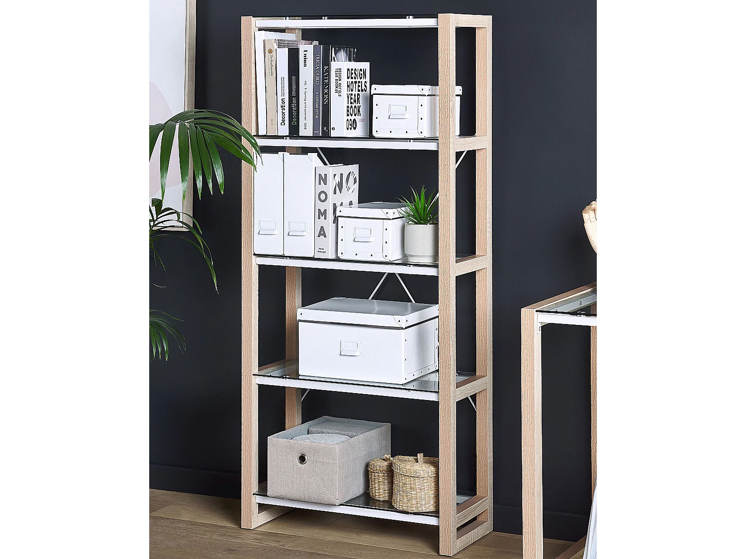 Modernes Regal skandinavischer Stil heller Holzfarbton Glas 4 Fächer Jenks