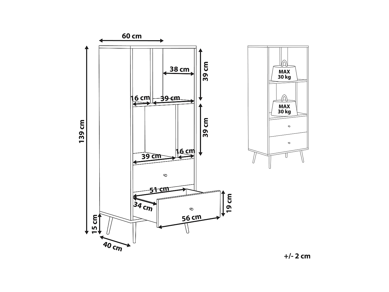 Modernes Regal hellbraun/weiß mit 2 Schubladen und 4 Fächern Richmond
