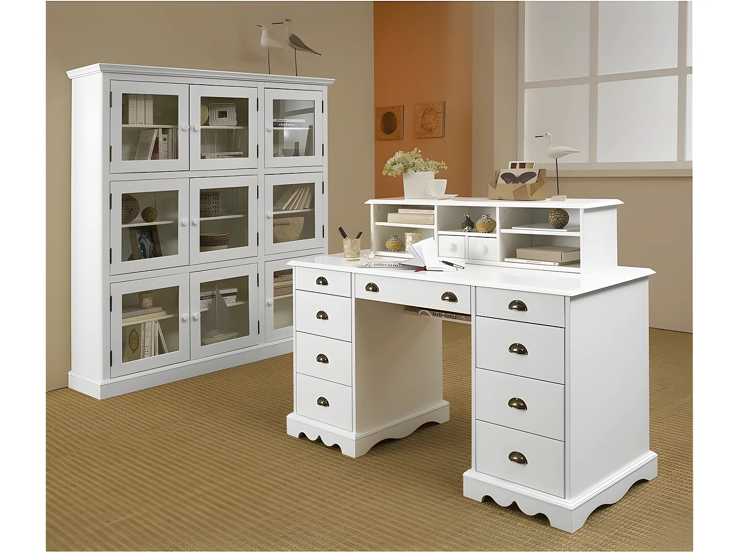 Bibliothèque Blanche Style Anglais 9 Portes Vitrées L163 H 170 P 37 cm