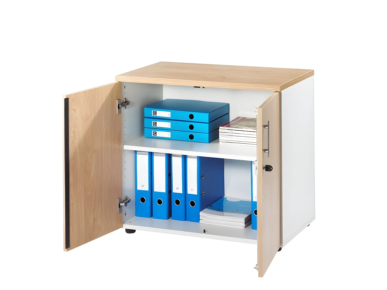 Armoire de Bureau Basse 2 Portes Blanc + Chêne Clair INEO