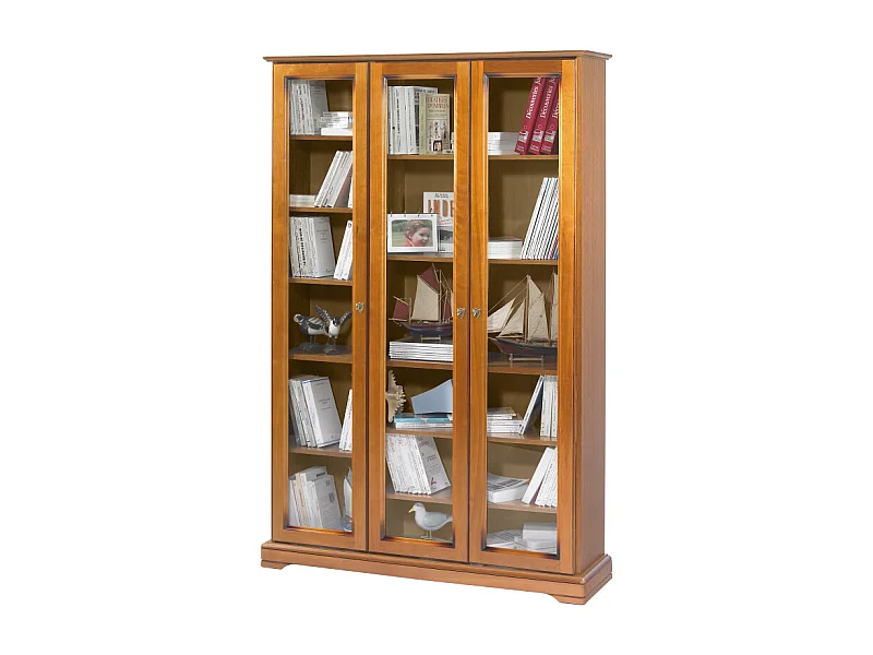 Bibliothèque Vitrine 3 Portes Vitrées Merisier 12 Niches L 120.6 H 182.2 P 33 cm