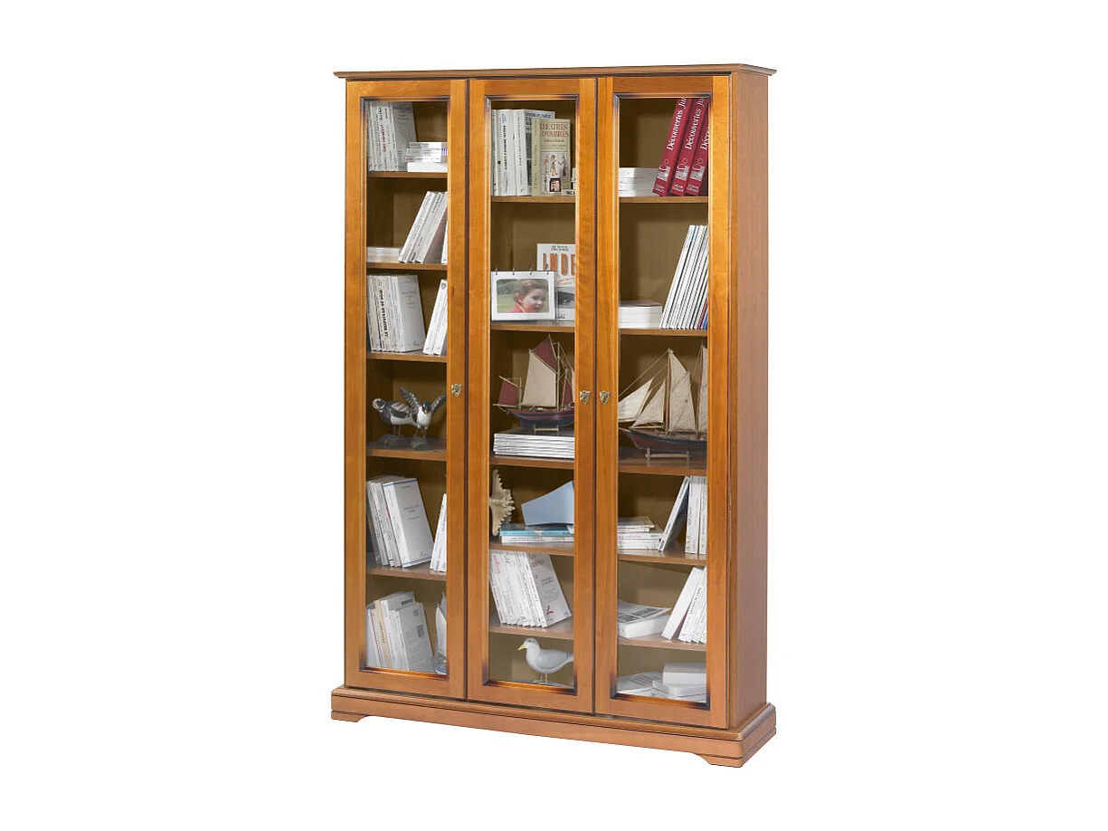 Bibliothèque Vitrine 3 Portes Vitrées Merisier 12 Niches L 120.6 H 182.2 P 33 cm