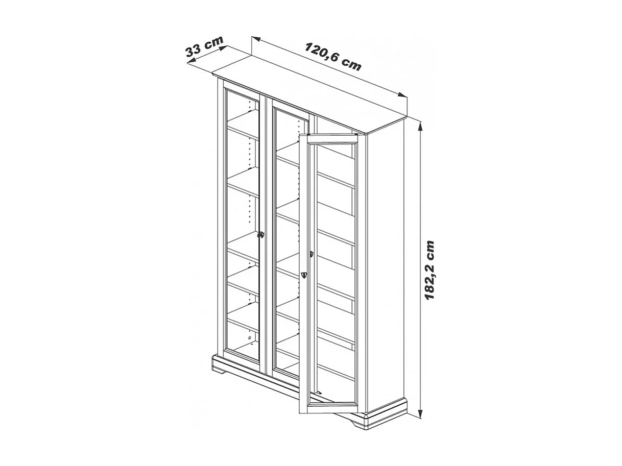Bibliothèque Vitrine 3 Portes Vitrées Merisier 12 Niches L 120.6 H 182.2 P 33 cm
