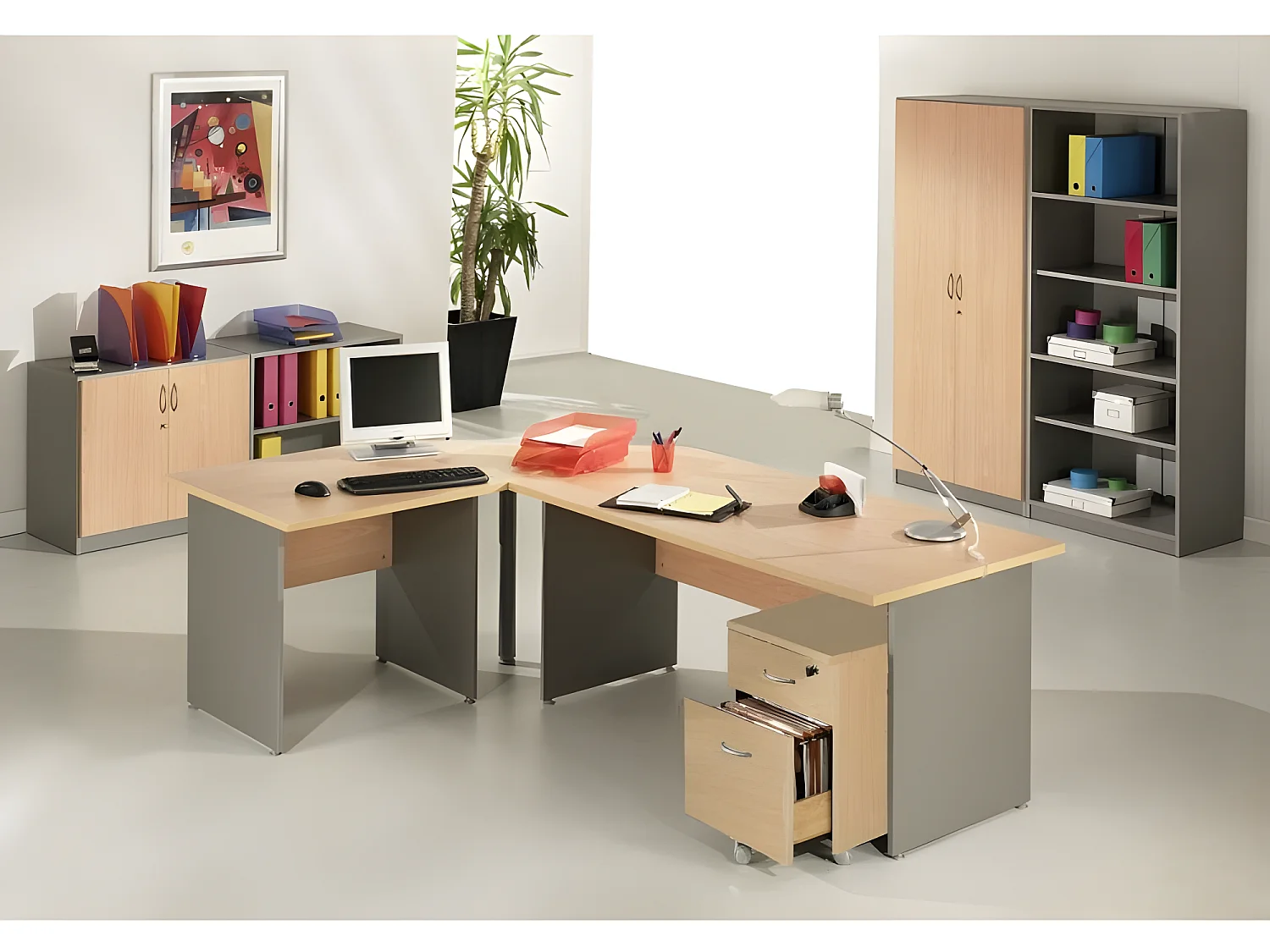 Armoire Basse de Bureau 2 Portes Hêtre Alu