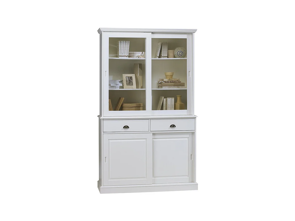Vaisselier Blanc 4 Portes Coulissantes 2 Tiroirs 5 Niches L 121 H 198.8 P 42.3 cm